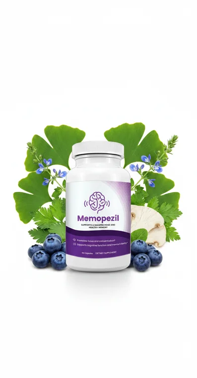 The Memopezil bottle framed by ginkgo leaves and blueberries