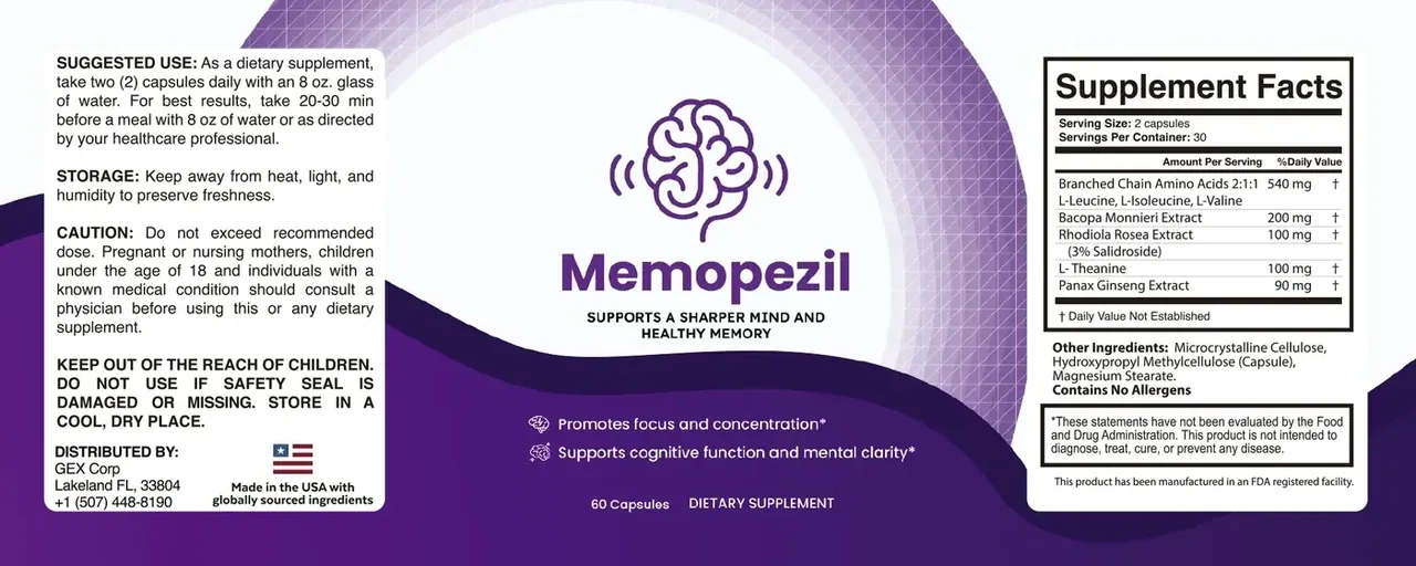 Memopezil flat label wrap artwork showing the supplement facts panel